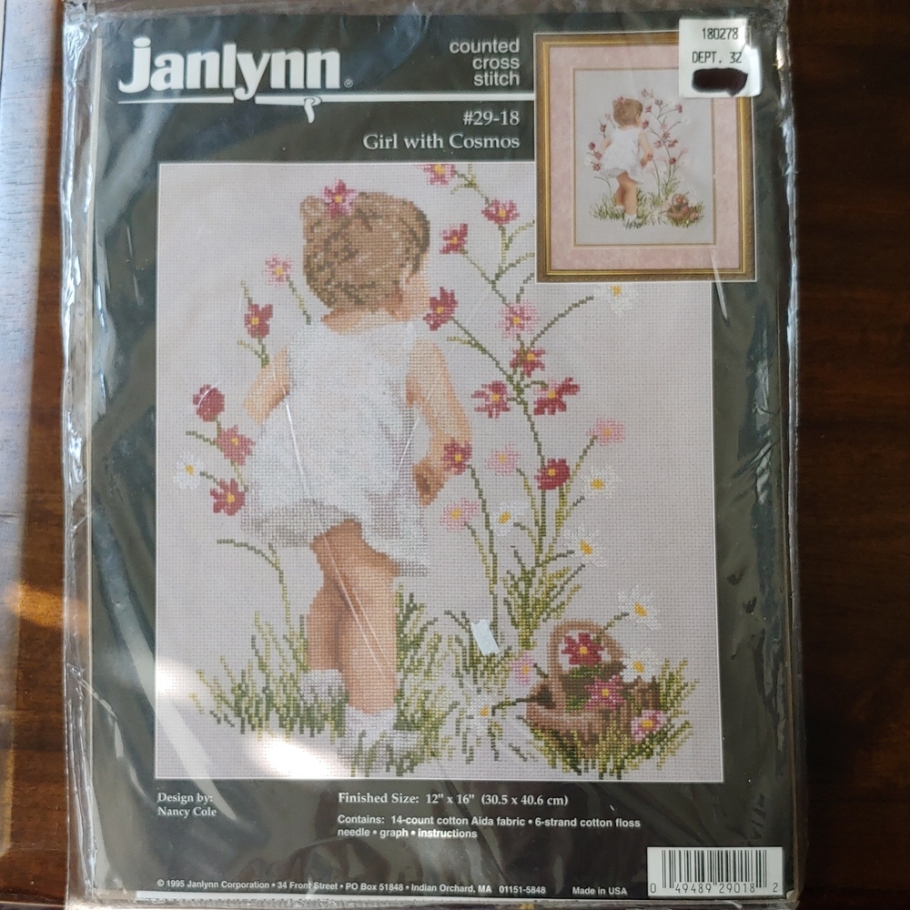 Janlynn Girl with Cosmos Cross Stitch Kit